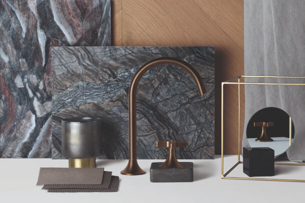showing bathroom mood board with tiles & taps based on a contemporary look