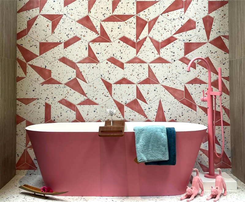 Mood board showing pink bathroom with a freestanding pink bath, Pink tiles & a pink bath shower mixer