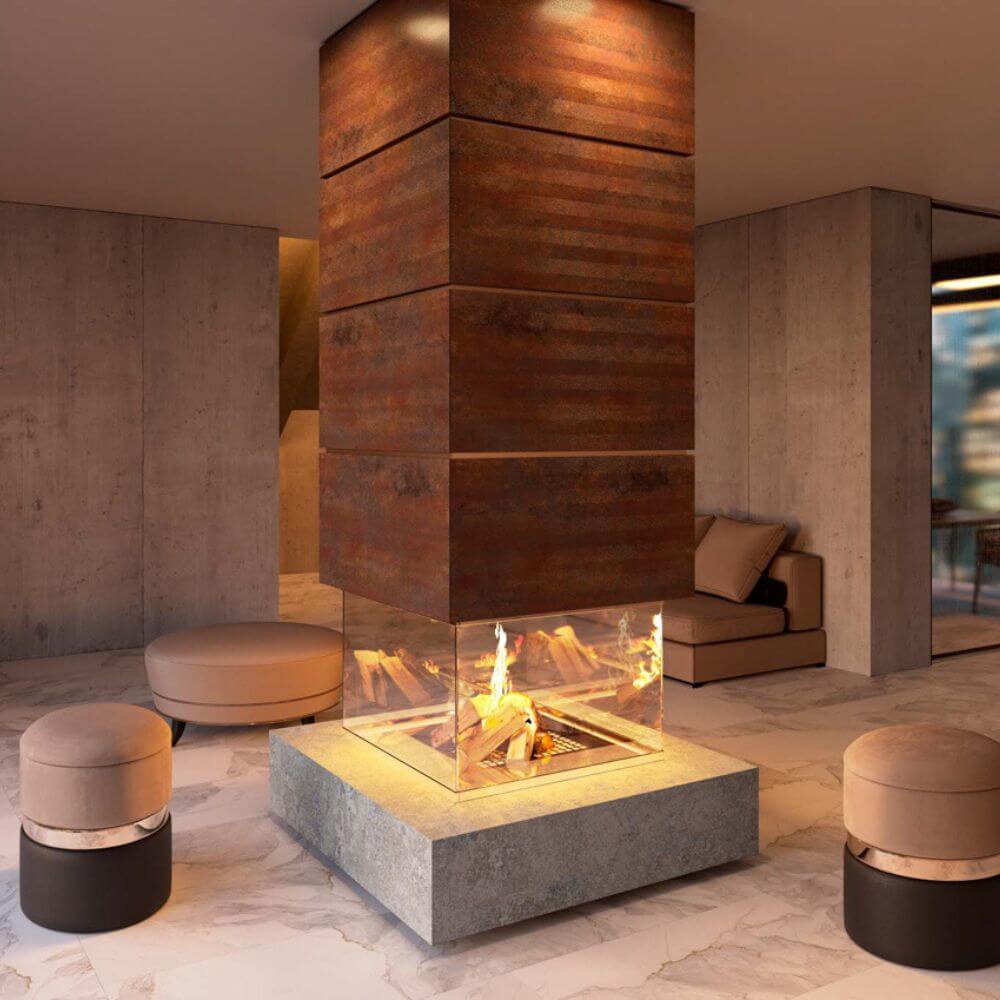 Corten Copper tile in fireplace