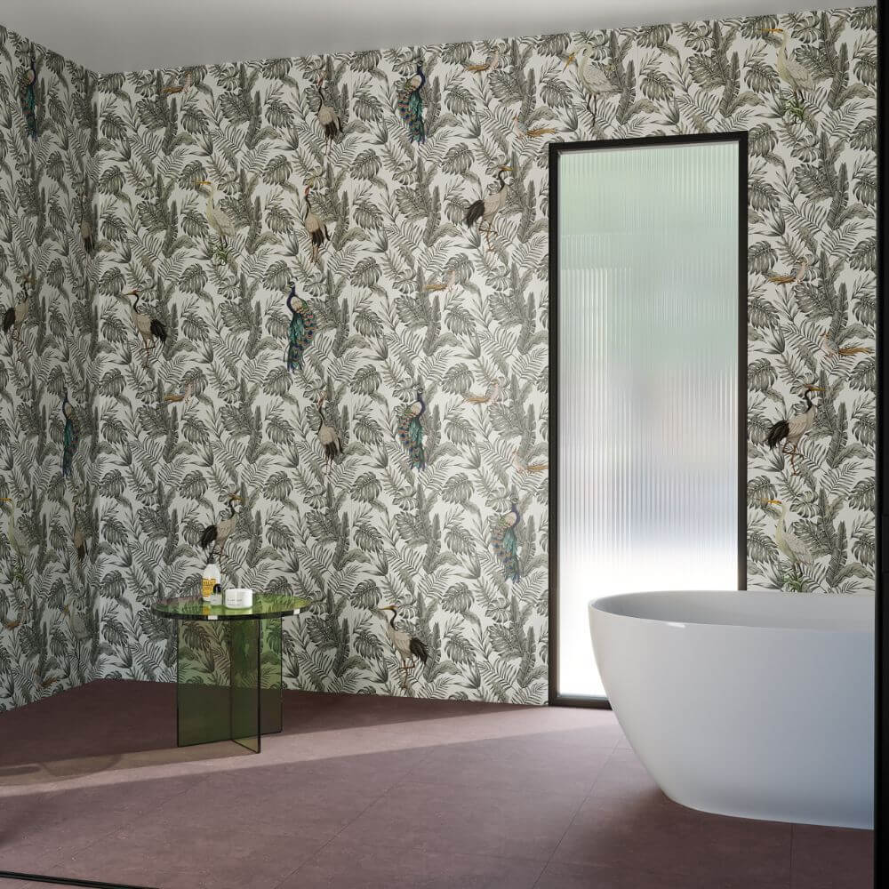 Jungle print floral tiles in Bathroom