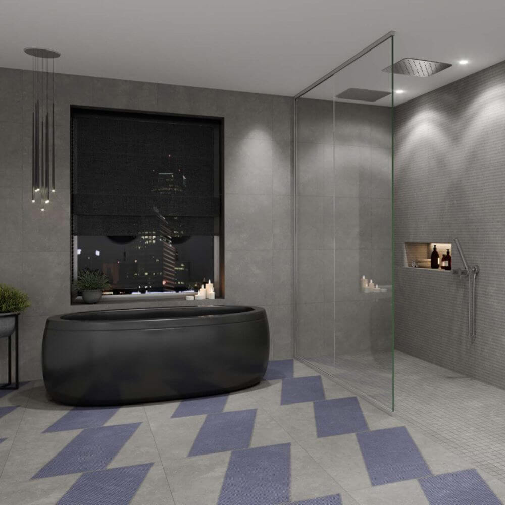 MetoDO blue decor tiles with grey tiles in bathroom