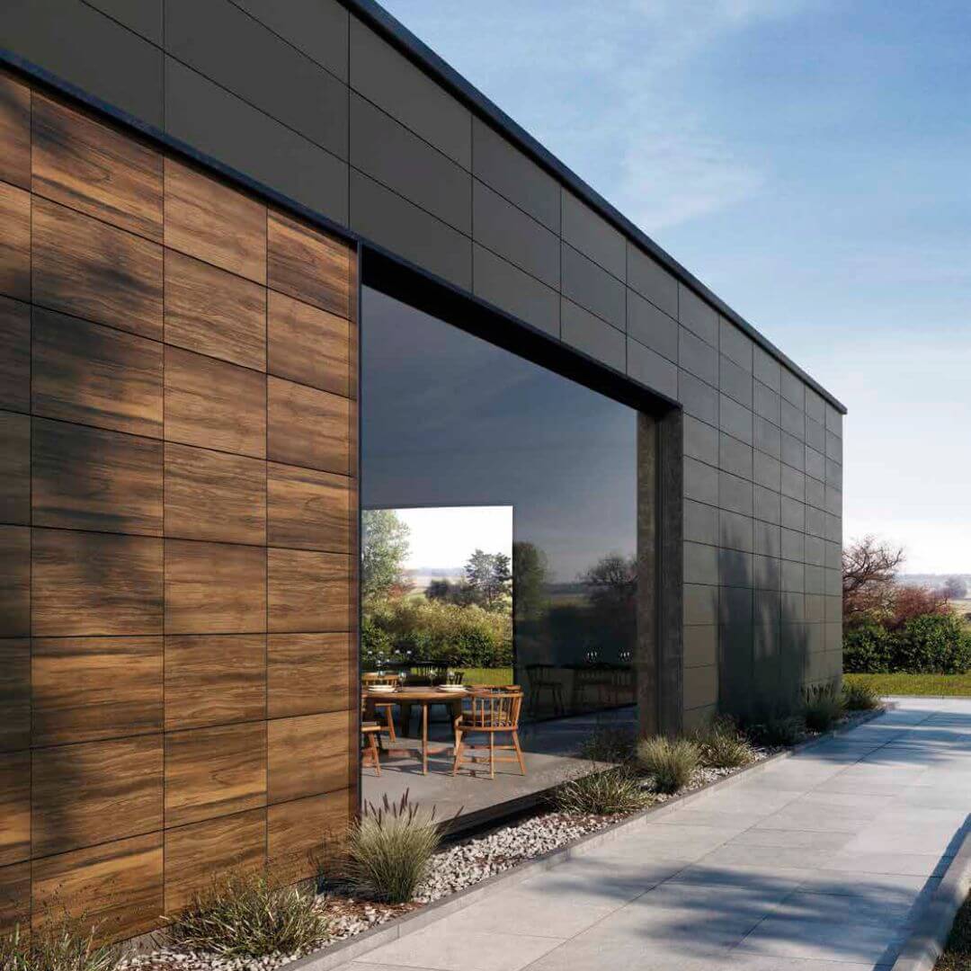 Ventilated Facades in a building in dark grey colour & wooden effect 1