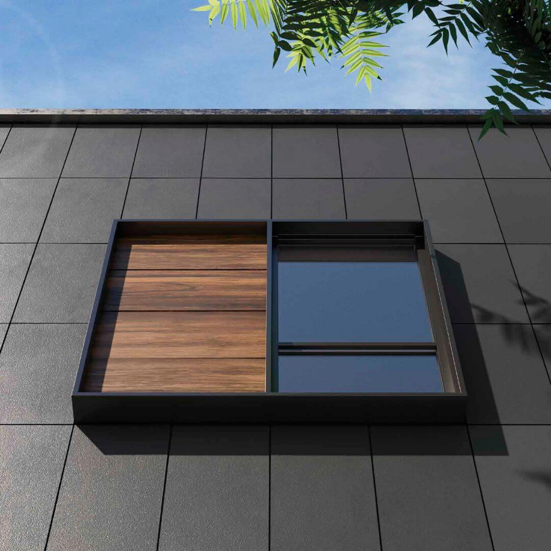 Ventilated Facades in a building in dark grey colour & wooden effect